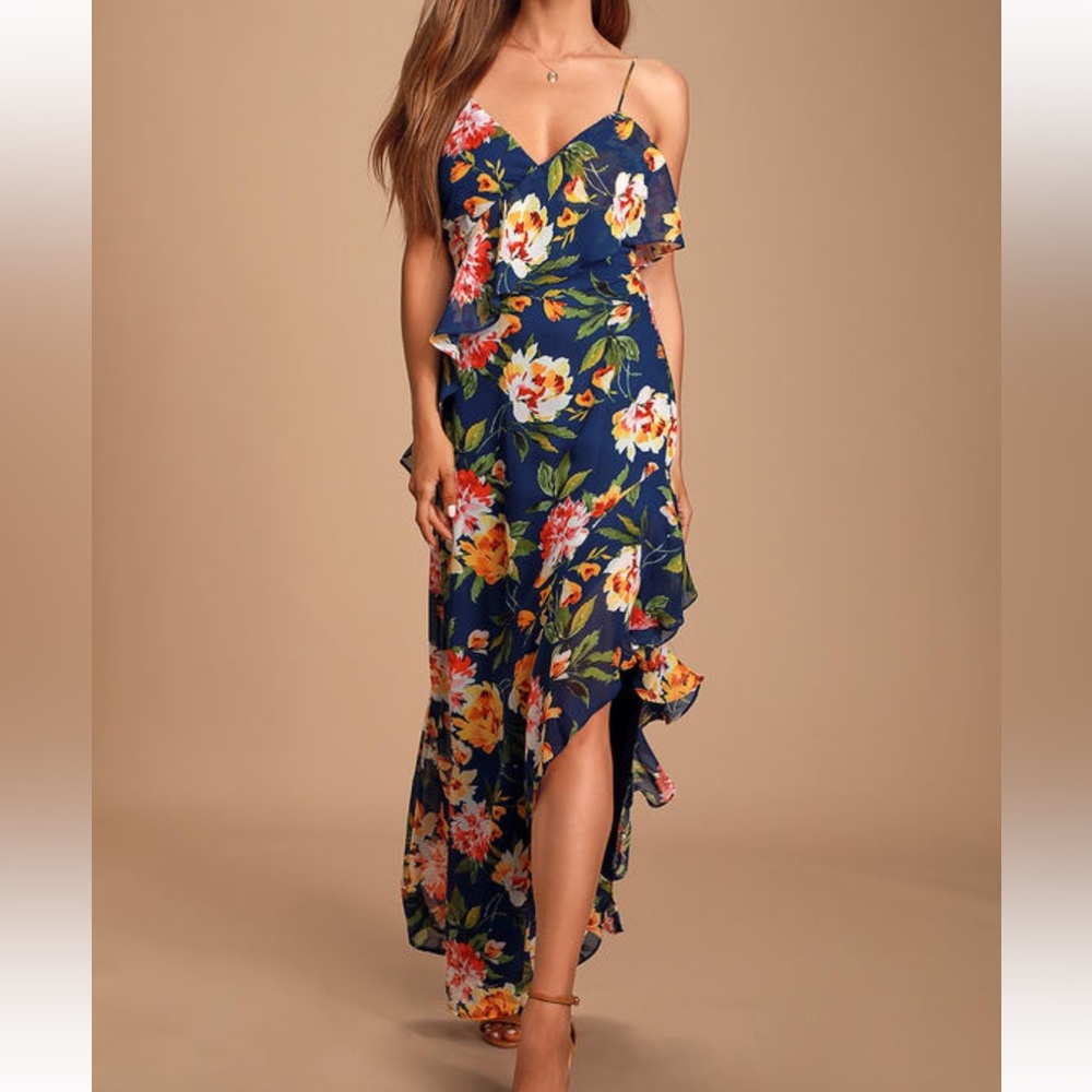 NWT.Lulu’s. Jubilee Navy Blue Floral Print Ruffled Lace-up Maxi Dress.Size:Small